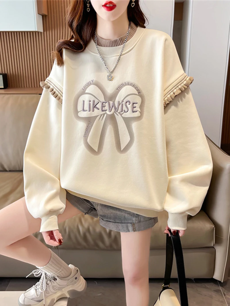 เสื้อสเวตเชิ้ตผู้หญิง เสื้อสเวตเชิ้ตผู้ใหญ่ สีกลาง ผ้าฟล็อค ทนทานต่อการใช้งาน สไตล์ลำลอง สนุกสนาน สไตล์สตรีท สไตล์เรียบง่าย สีเบจ