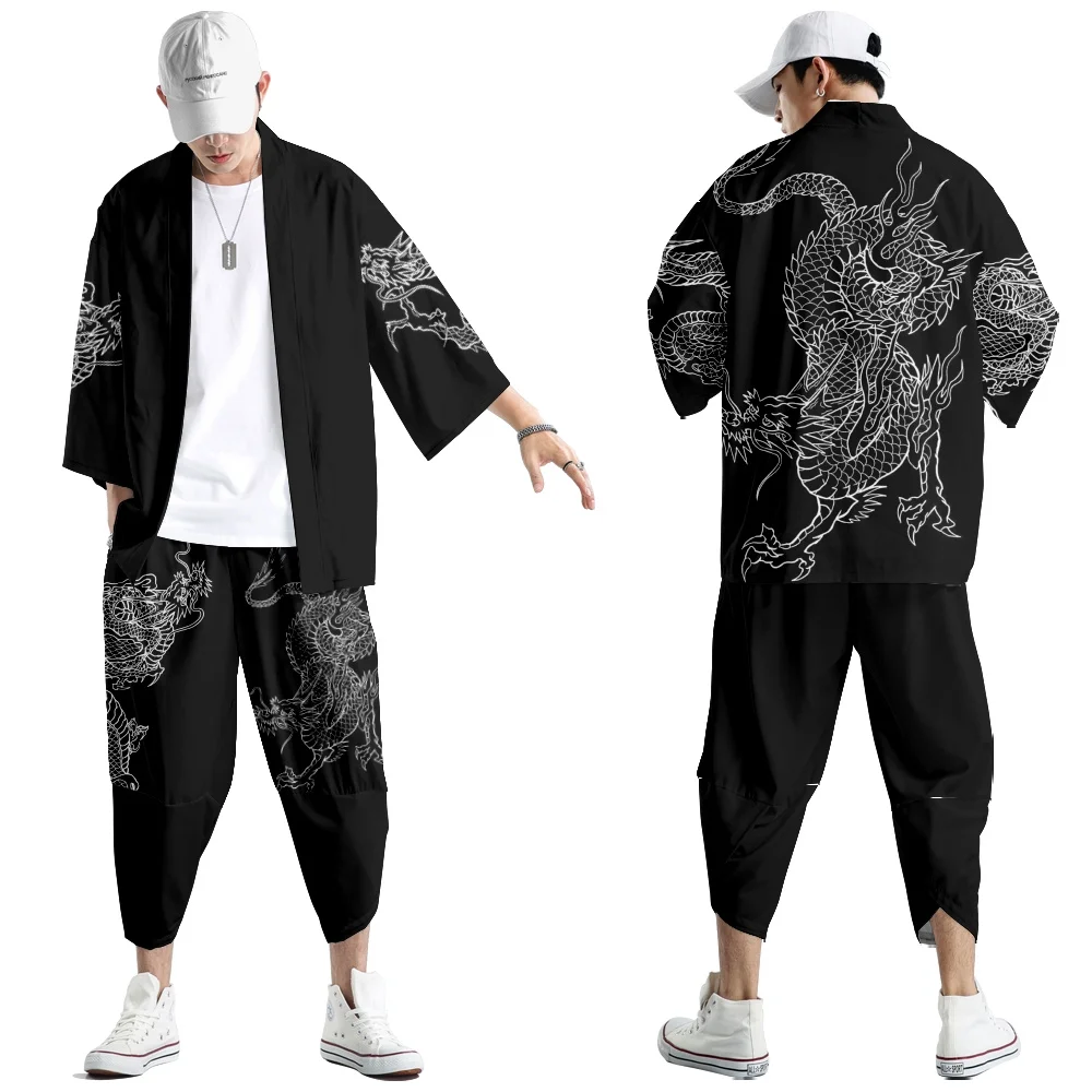 Cardigan e calças de quimono japonês para homens e mulheres, camisa estampada dragão, Yukata tradicional, Haori Obi, traje cosplay, tamanho grande, 5XL, 6XL