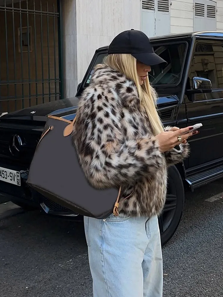 شتاء جديد ليوبارد طباعة معطف الفرو النساء النساء أنيقة التلبيب واحدة الصدر فضفاض معطف دافئ سيدة اليومية التنقل مكتب أبلى #1