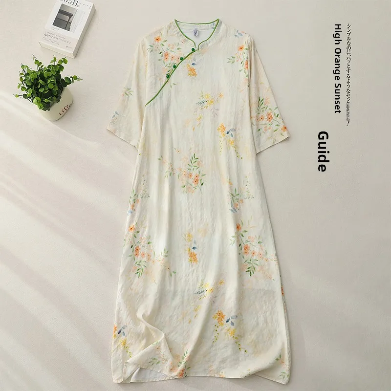 

Summer New Women's Cotton Print Stand Collar Loose Fit Midi Dress Button Detail A-Line Skirt Style Comfortable Breathable Dress