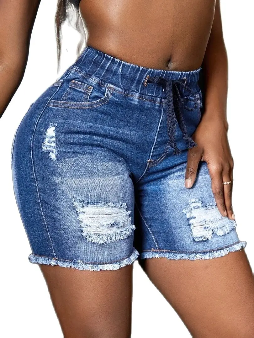 2023 Summer New Elastic Waist Ripped Denim Shorts For Women Fashion High Stretch Skinny Tassel Sexy Shorts Jeans Casual Clothing