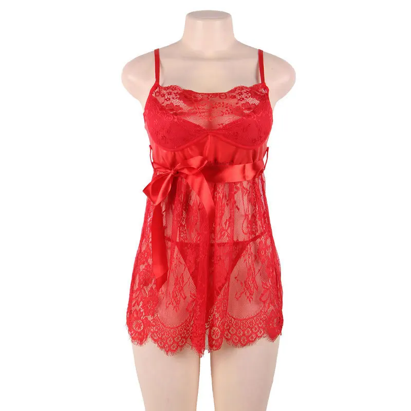 Comeondear Women Sleepwear Eyelash Lace Mesh Nuisette Plus Size Night Dresses Spaghetti Strap Nightgown Sexy Babydoll Lingerie view 6