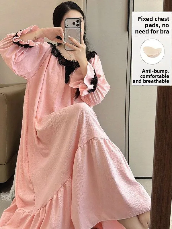Elegant Long Sleeve Lace Sleep Dress Women's Style Summer 2026 Loose Home Clothes Long Dress Can Be Worn outside Sweet Style
