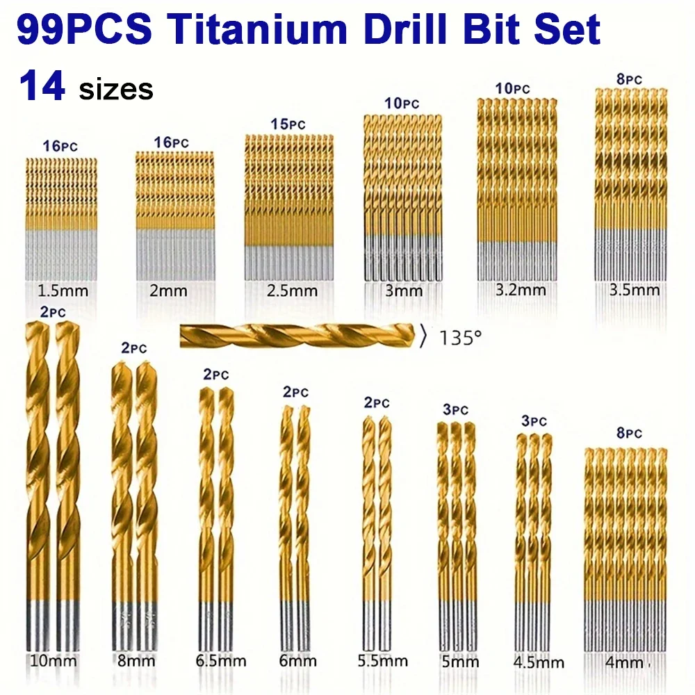 99Pcs 1.5mm - 10mm Titanium Coated Drill Bits HSS High Speed Steel Drill Bits Set Tool High Quality Power Tools Woodworking Hole