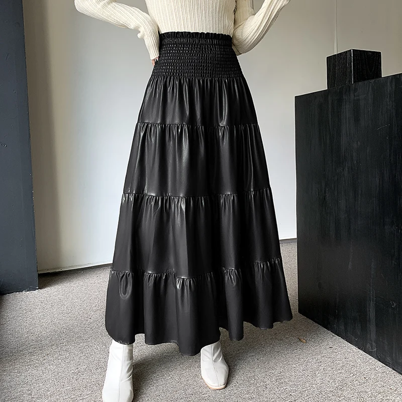 Fall Winter New PU Skirts Women Faux Leahter Elastic High Waist Pleated Skirt Long PU Skirts Green Black Saias Mujer 2024 New