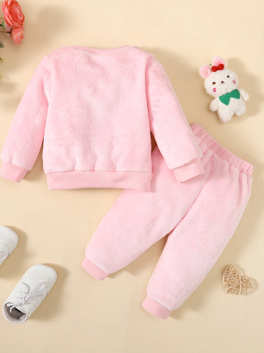 Autumn and Winter Cute Rabbit Sweatshirt Set for Girls, Pink Round-Neck Sweatshirt, Cartoon Bunny Patch Jogger Pants, Soft and Warm Two-Piece Set for Babies