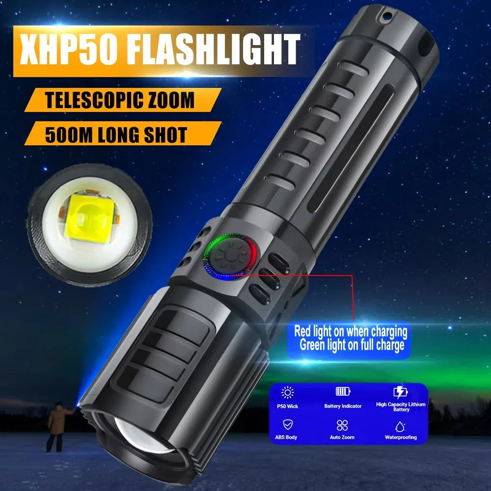 Powerful Mini LED Zoom Flashlight 3 Lighting Modes Built-in Battery USB Rechargeable Camping Fishing Emergency Torch Lantern