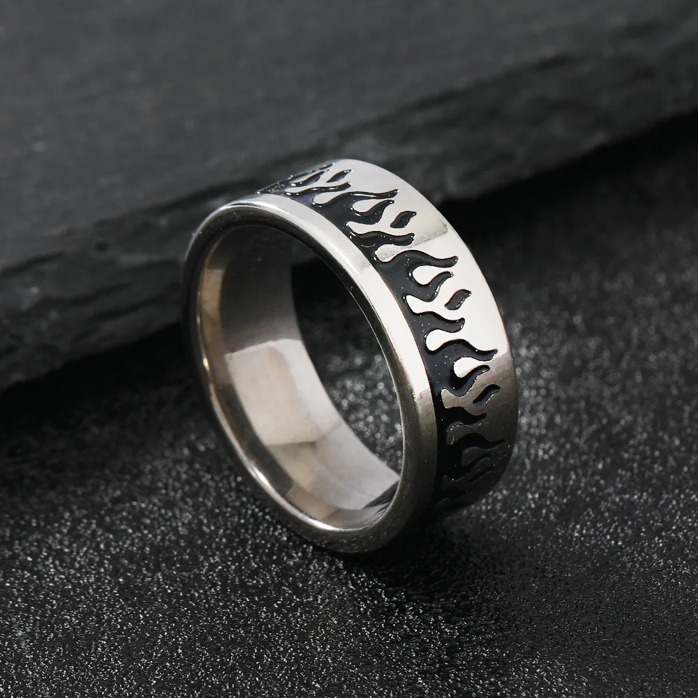 Retro Flame Fire Stainless Steel Ring for Men Women Punk Gothic Edgy Couple Jewelry Rock Hiphop Cosplay Accessories Unisex Gift