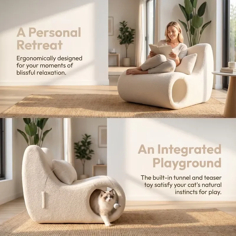 Cozy Interactive Pet Tunnel Play Toy Fluffy Lounge Chair Family Playroom Aesthetic Indoor Seating Vacuum Compressed Sofa in