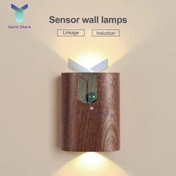 Linkage Wooden Motion Sensor Night Lights USB Rechargeable Wireless LED Induction Wall Lamp Bedroom Kitchen Corridor Stair Light