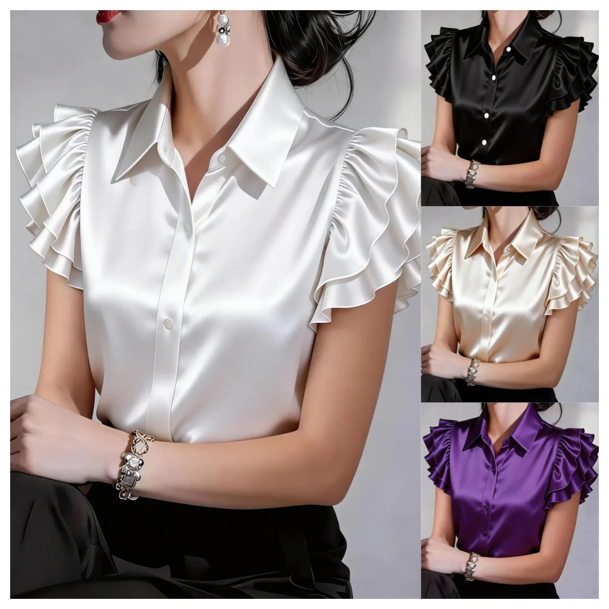 

2026 Summer New Satin Ruffle Short Sleeve Blouse Women's Clothing