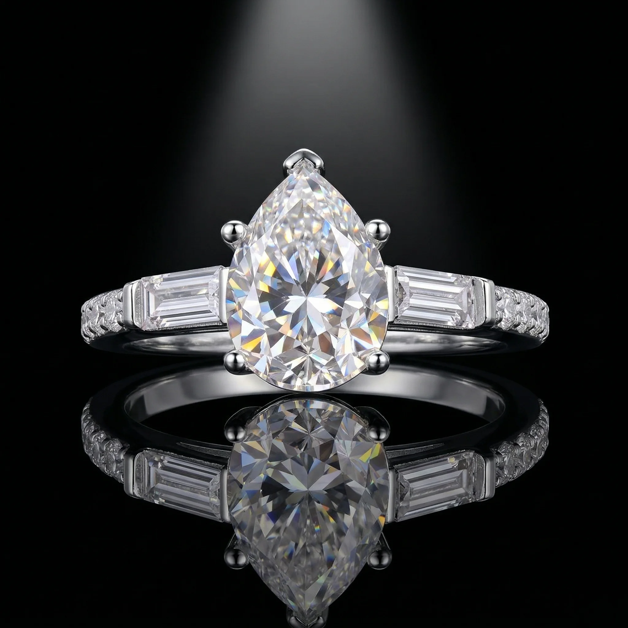 

Pear Moissanite Ring, 925 Silver, D Color VVS1, 2.5ct Baguette Side Stones, Light Luxury Engagement Women's, w/ Cert