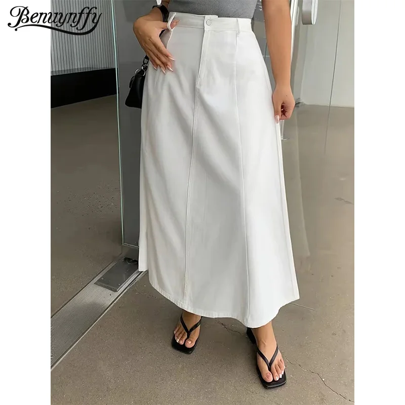 

Benuynffy Plus Size New Summer Vintage White Denim Long Skirts Women Streetwear High Waist Elastic Casual A-Line Skirt 2026 New