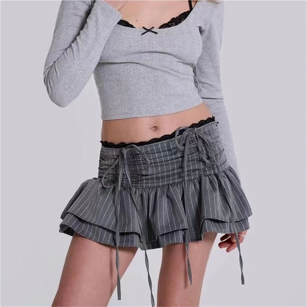 

Summer Mini skirts for woman vintage korean fashion drawstrings skirts women mini skirts ruffle striped lace skirt with shorts