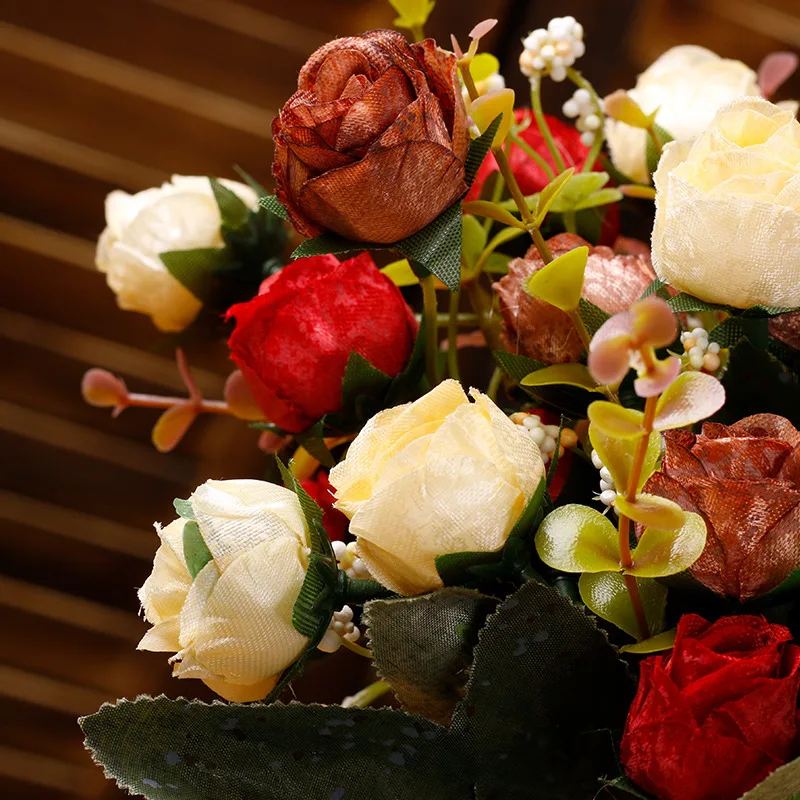 30cm Red Pink European Style Small Rose Bouquet Simulation Flower 21 Head Simulation Flower Home Decoration Flower Fake Flower