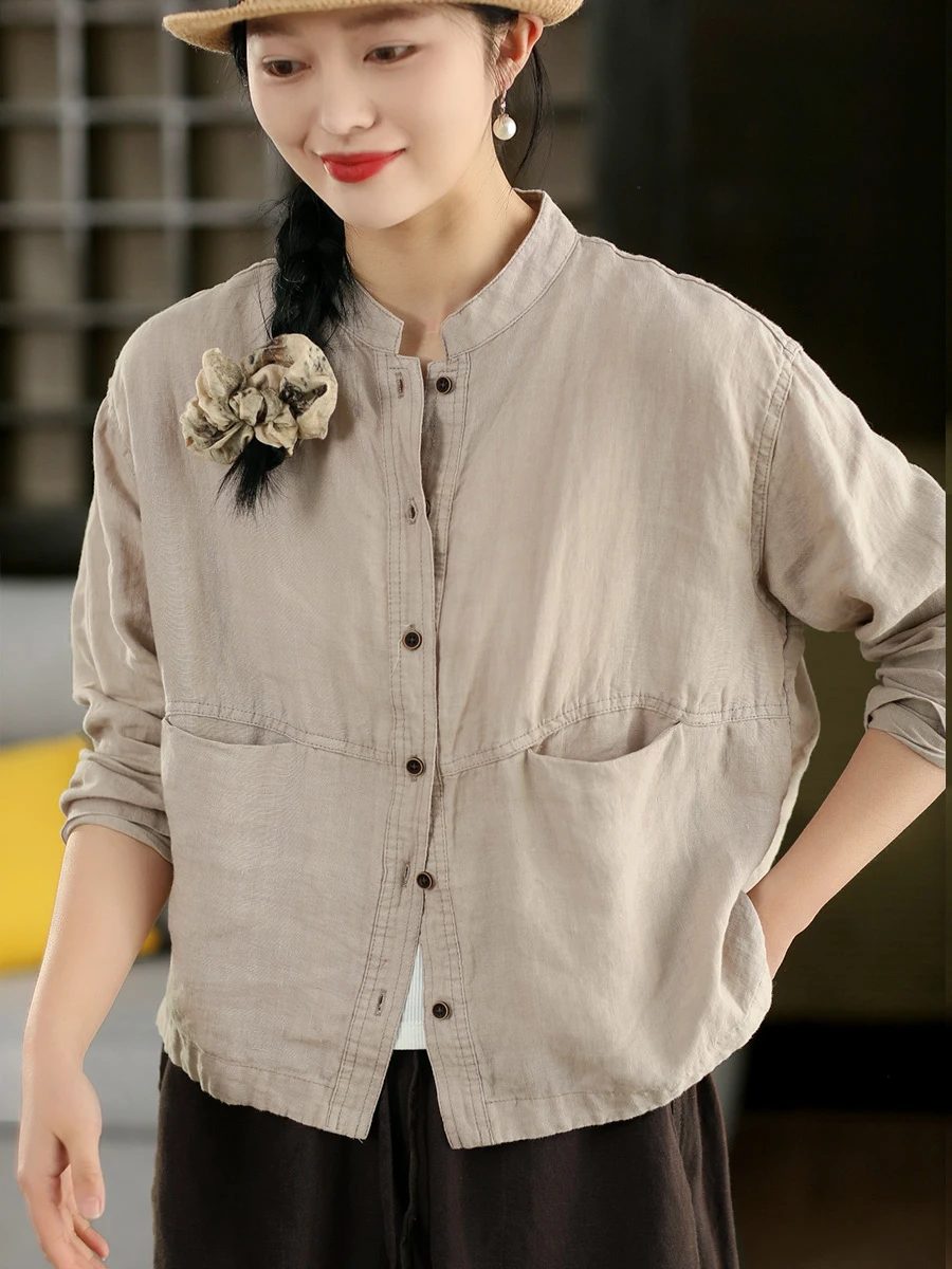 

Retro Waed 00 Lin Pure Color Long Sve Stand Collar Single Button Open Cardigan Top Spring Faion Women's irt