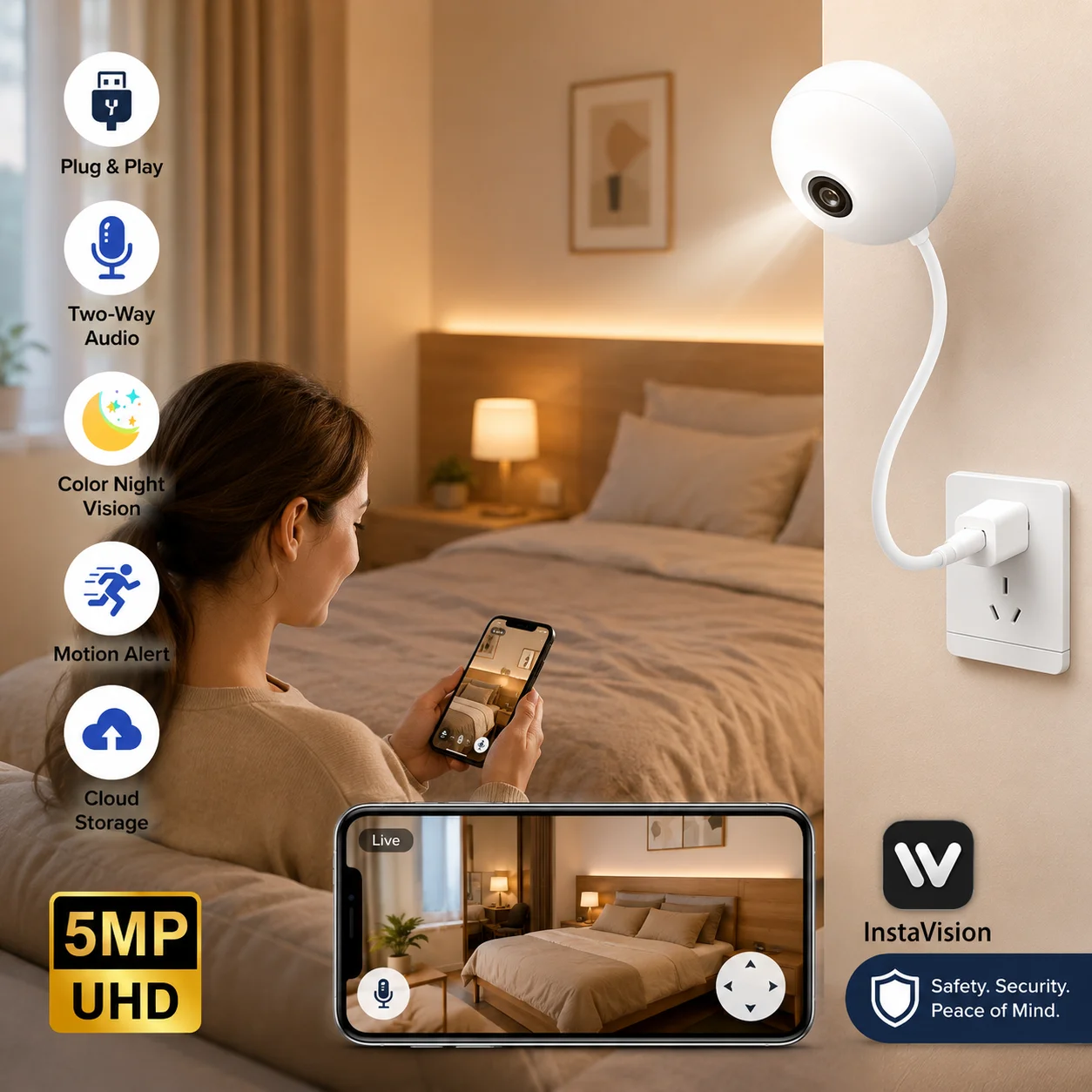 5MP WiFi Indoor Mini Camera Light Bulb Design with Motion Detection and 2-Way Audio for Baby Monitoring and Security Needs