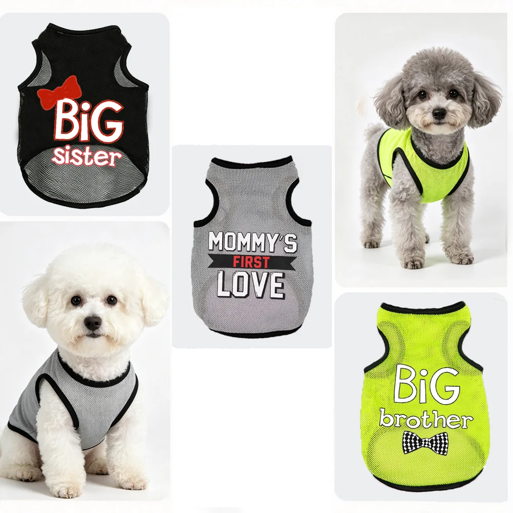 1 PC Summer Breathable Mesh Dog Tank Top Cartoon Letter Print Pet Vest Cool Puppy Shirts For Bichon Poodle Daily Walking Outfits