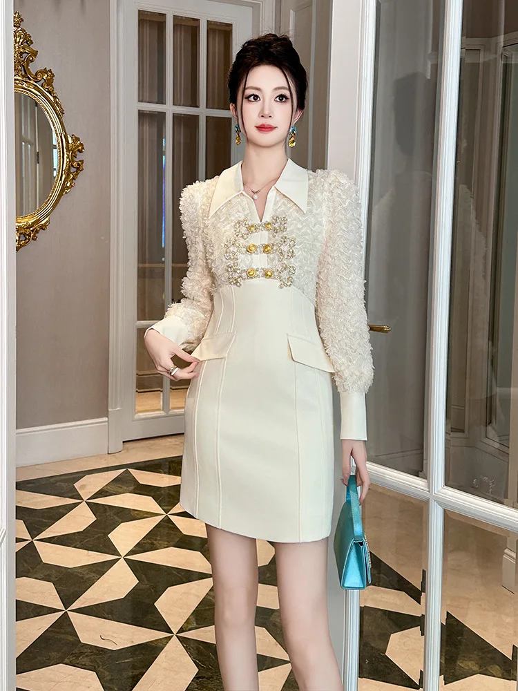 

New Autumn and Winter Clothing for Women, Ladylike Temperament, Shirt Collar Splicing, Slimming Hip-Hugging Apricot Dress