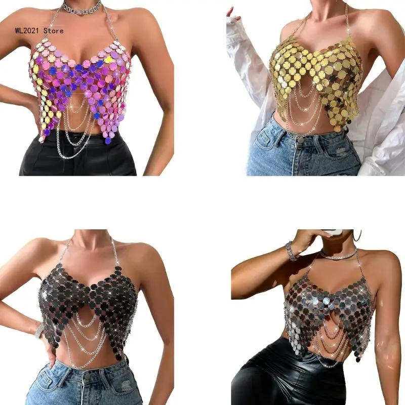 Womens Metallic Sequins Halter Bras Metal Tassels Nightclub Body Chain Jewelry Sexy Backless Camisole