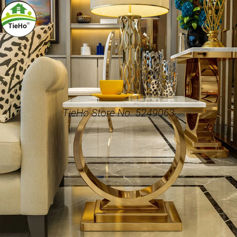 Modern Square Coffee Tables Sofa Corner Side Table Luxury Stainless Steel Base Marble Top Golden Silver Living Room Furniture