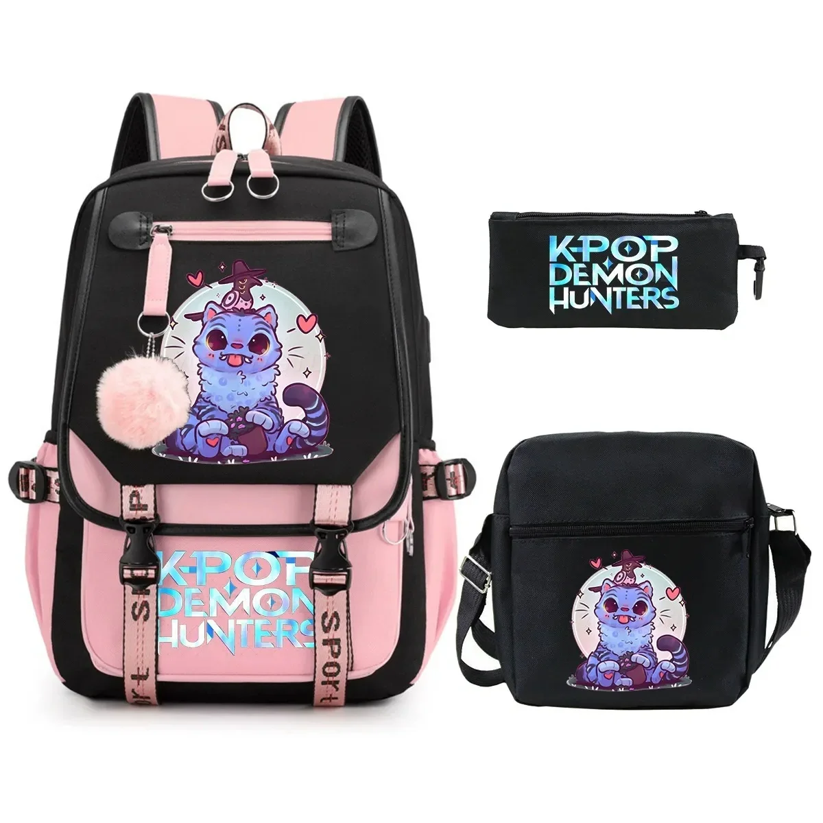 Mochila de Anime Kpop Demon Hunters, conjunto de 3 uds., mochila escolar para estudiantes de gran capacidad, mochila con carga USB para adolescentes, bolsas de viaje para mujer