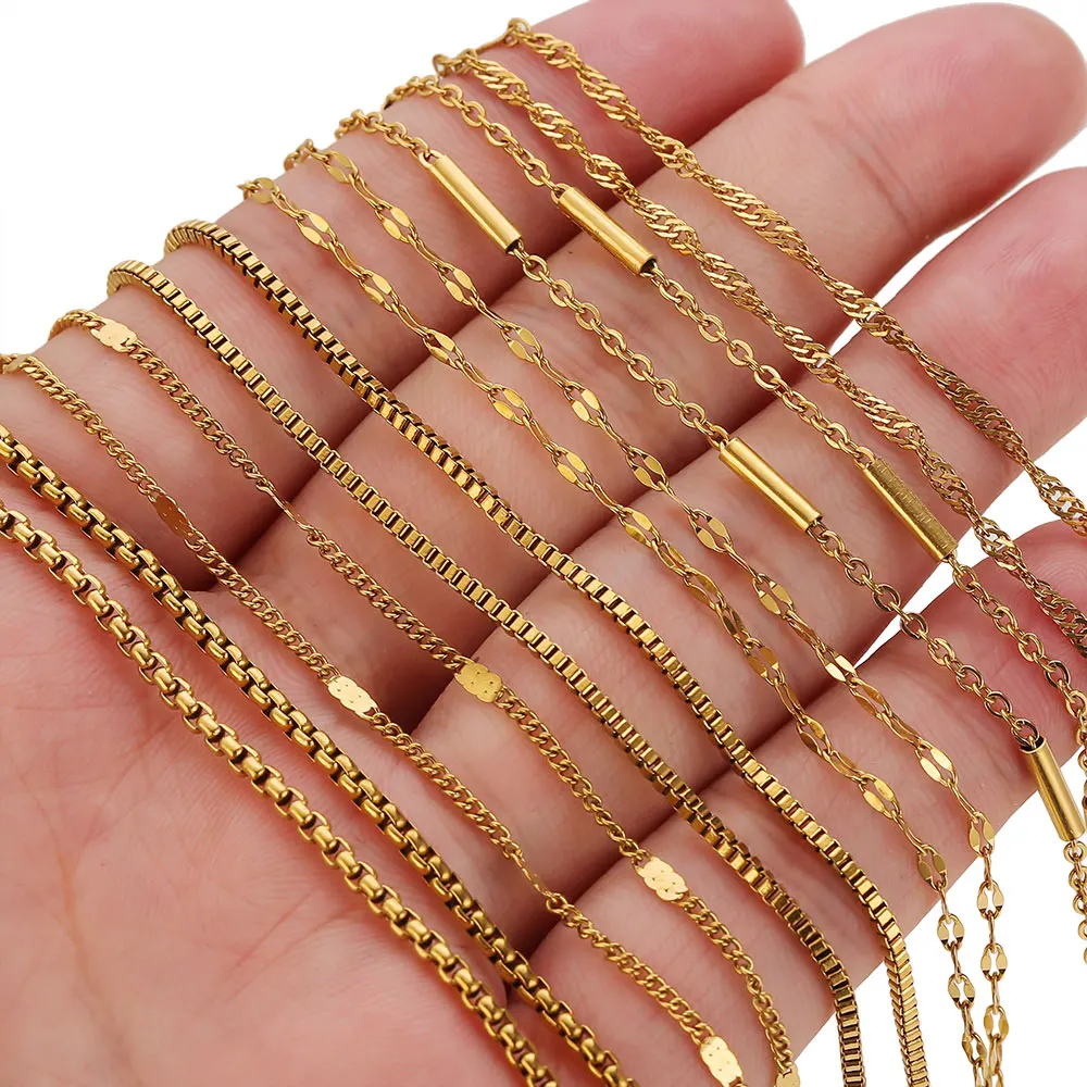 5PCS Stainless Steel Link Cable Neck Chain Thin Necklace for Women Gold-plated 45+5cm Cuban Bead Corrugated Adjustable Chain