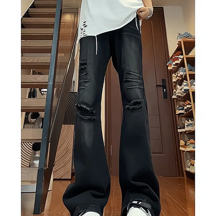 American Retro Ripped Jeans Men's Summer Pants High Street Vibe Straight Micro-pull Trousers