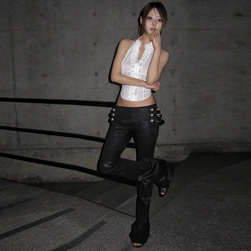 Pearls Metal Buckles Black Flare Pants Women Fashion Sexy Low Waist Booty Lifting Slim Fit Boot Cut Trousers Casual Streetwear