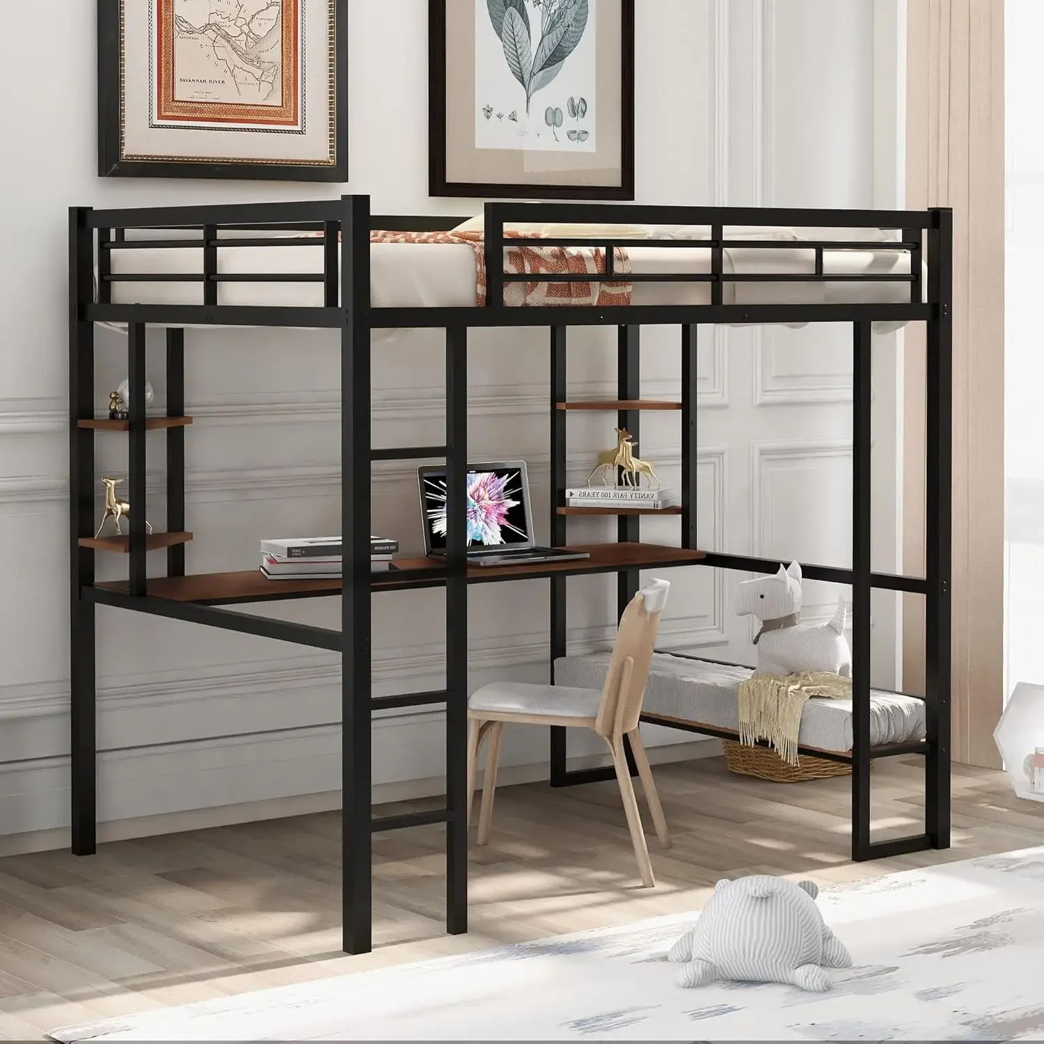 Full Size Loft Bed Metal Bedframe with Wood Long Underbed Desk and Dispaly Shelves Low Shelf Suitable for Bedroom Dormitory Chil