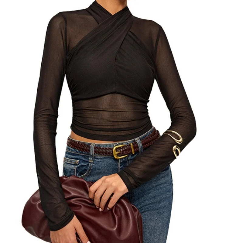 2025 Women's Fall New Solid Color Mesh Sheer Slim Sexy Top
