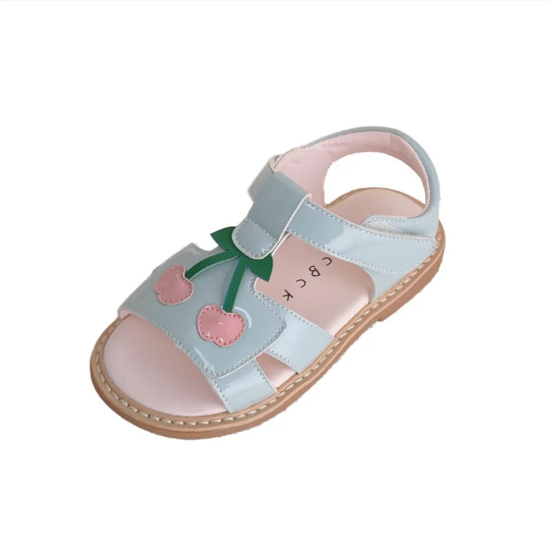 Unishuni Girls Sandals Kids Patent Leather Summer Shoes Children Open Toe T-Strap Beach Sandals Princess Casual Cherry Flats