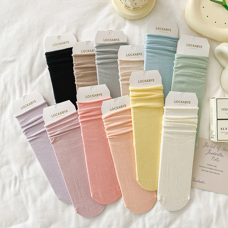 Women Socks Japanese Korean Style Spring Summer Candy Color Pile up Socks Female Casual Plain Cotton Breathable Crew Socks Girls