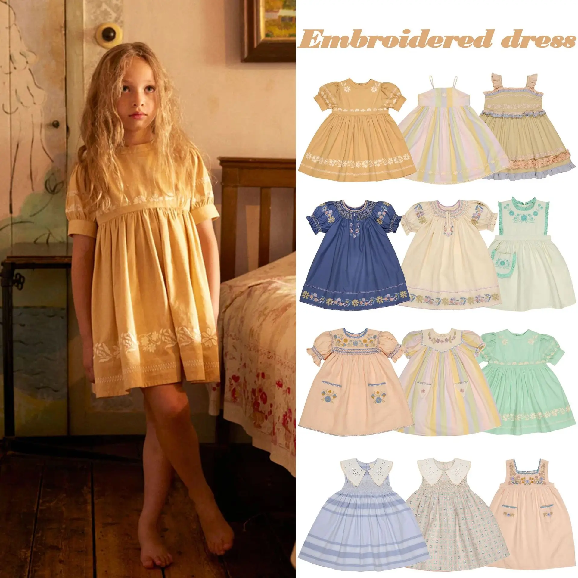 

Платье принцессы для девочек, лето 2026, винтажное, с вышивкой, цветочным узором, на бретельках, с богатой отделкой, детское платье