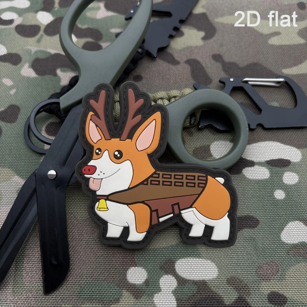 Cute Red-Nosed Deer Antler Tactical Strap Corgi 1Pc Rubber Glow-In-The-Dark Effect Velcro Patch with Matching Plush Surface, Full Coverage Black Edge Layered Soft Rubber, Suitable for Tactical Vests, Backpacks, Baseball Caps, Various Clothing Accessories, Daily Wear view 5