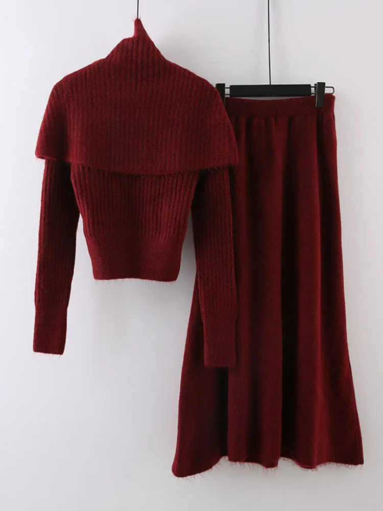 LANMREM Elegant Three-piece Set Women's Turtleneck Shawl Sweater With Elastic High Waist Skirts 2024 Autumn New Clothing 2Z2246