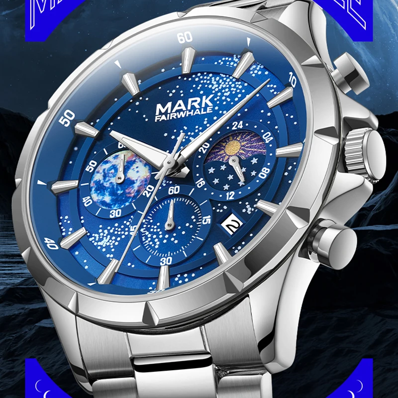MARK FAIRWHALE 5870 Fashion Quartz Watch Phase Moon Display Date Stainless Steel Band Waterproof Chronograph Wristwatch