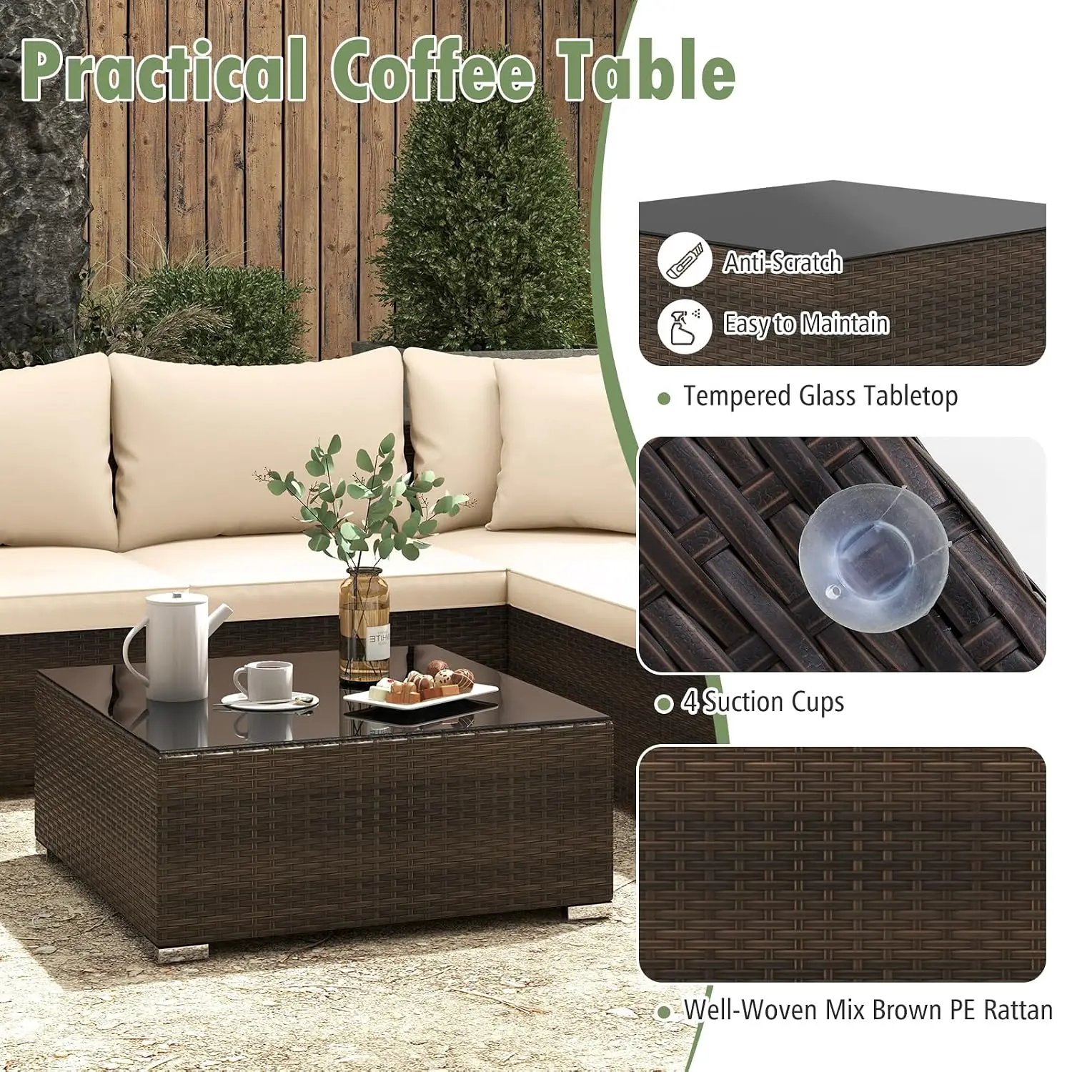 7 Pieces Wicker Patio Furniture Set, All-Weather Outdoor Rattan Sectional Sofa Set with Cushions & Tempered Glass, Custom image 6