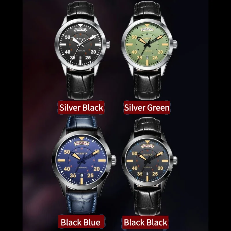 ساعة ميكانيكية أوتوماتيكية للرجال ، السلسلة الرئيسية ، 42 قرص مع اليوم والتاريخ ، يد مضيئة بالتقويم ، حزام جلدي ، 3ATM