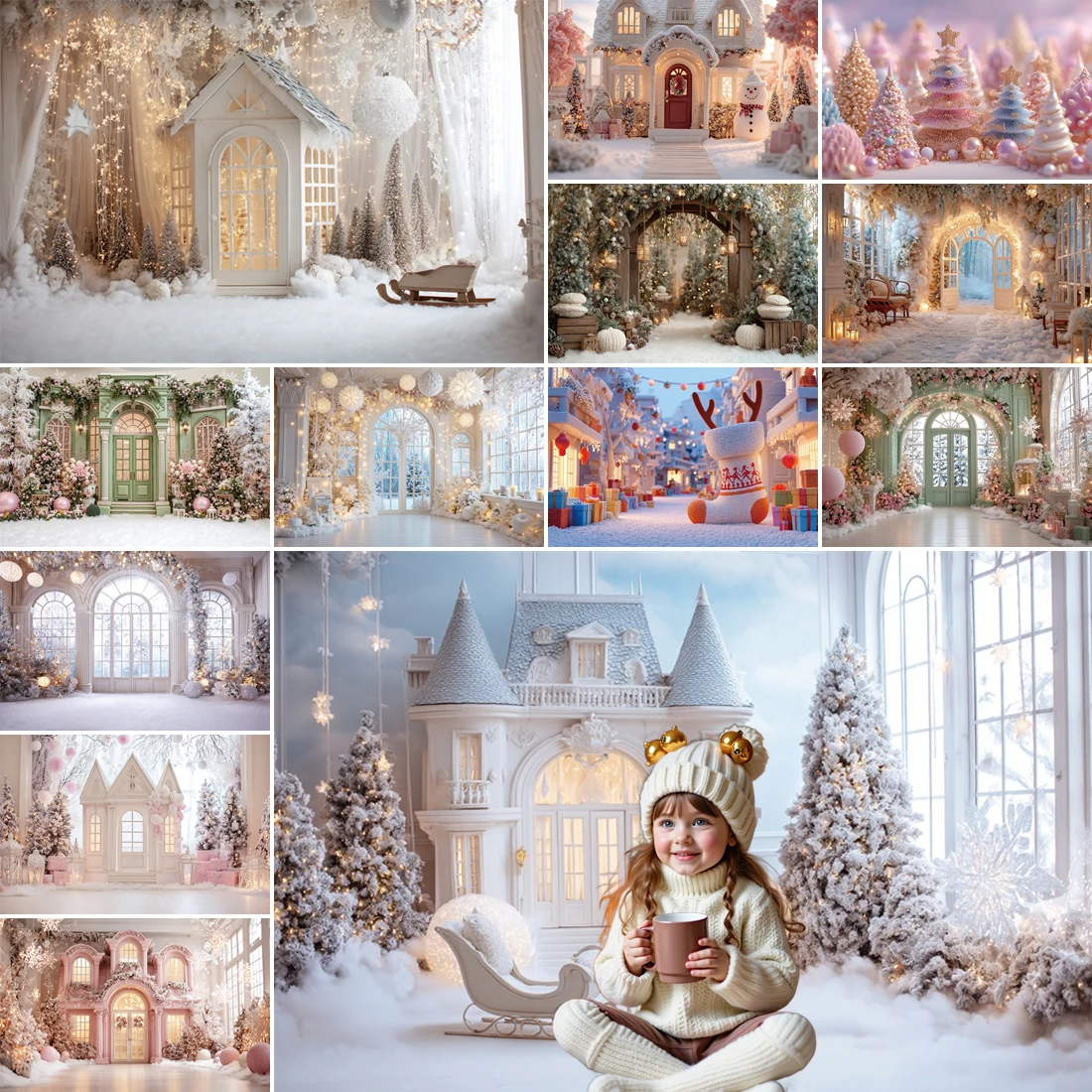 

MOON.QG Christmas Snowman Arch Window Pink House Backdrops Photography Studio Photoshoot Photozone Portrait Poster Decoration