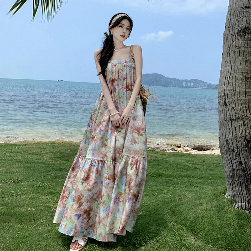 Design Floral Tie-Dye Spaghetti Strap Long Dress Fashion