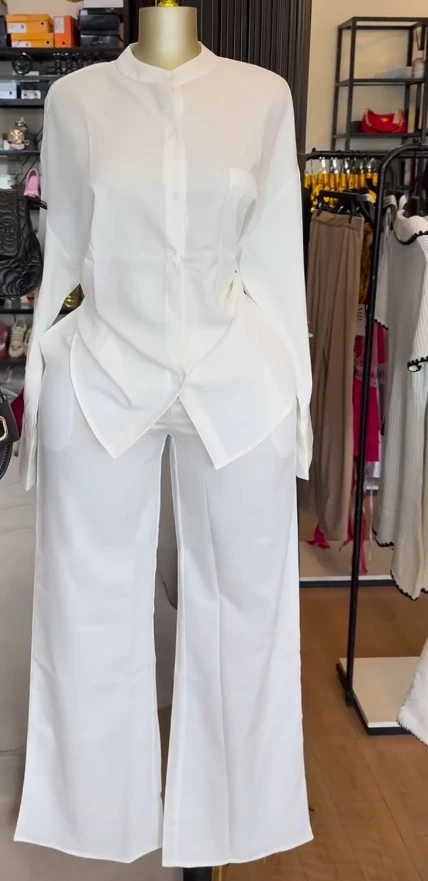 

New round neck loose casual long sleeved shirt, wide leg long pants set