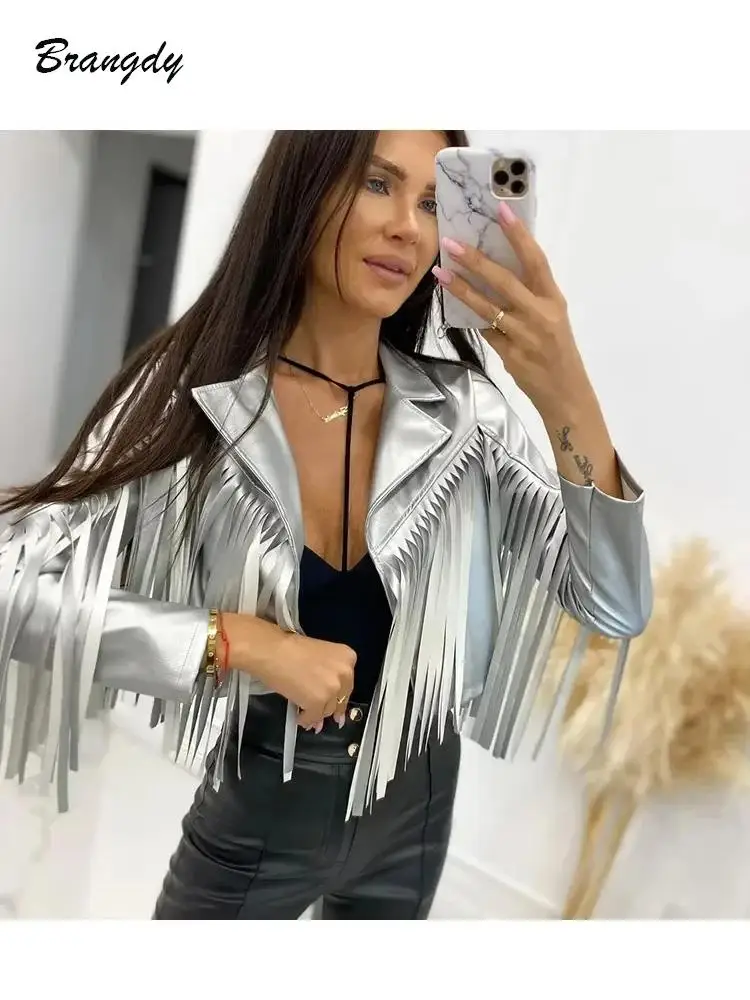 Traf PU Leather Tassel Women\'s Jacket 2023 Autumn Turn Down Collar Spliced Casual Jackets Female Fashion Streetwear Short Coats