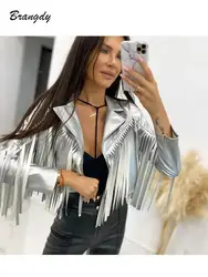 Traf PU Leather Tassel Women's Jacket 2023 Autumn Turn Down Collar Spliced Casual Jackets Female Fashion Streetwear Short Coats