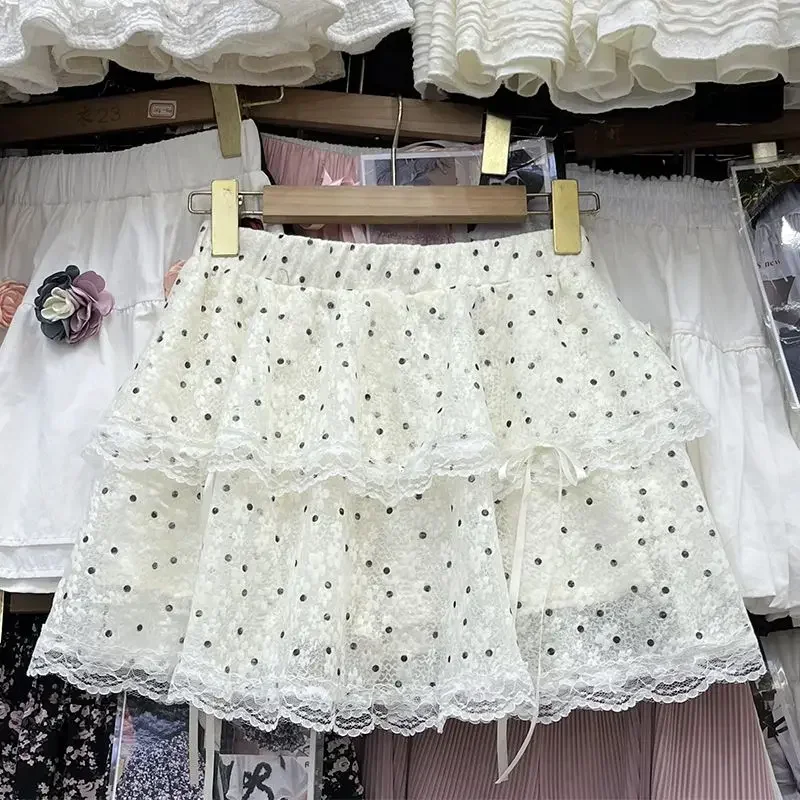 

Woman Kawaii Dots Mini Skirt Women Japanese Cute Lace Bow Ball Gown Skirts Korean High Waist Ruffles Casual A Line Skirt