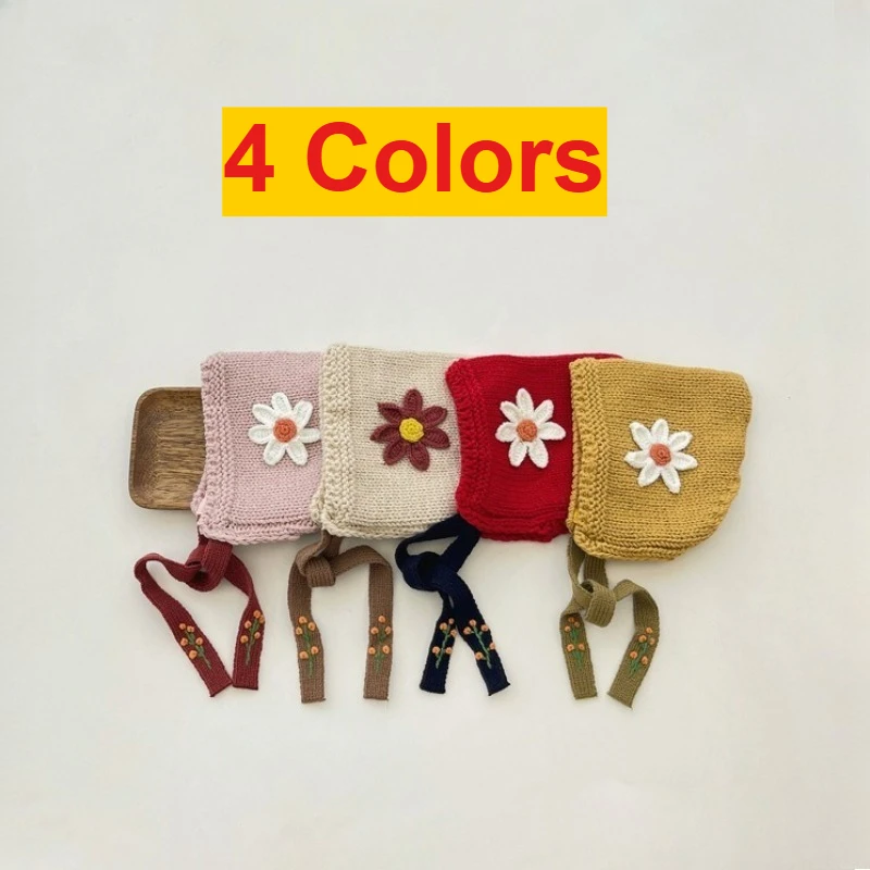 

Cute Flower Ear Protection Hat for Baby Winter Warm Kids Woolen Bonnet Knit Pullover Cap Liner Velvet Beanie for 1-4 Years Old