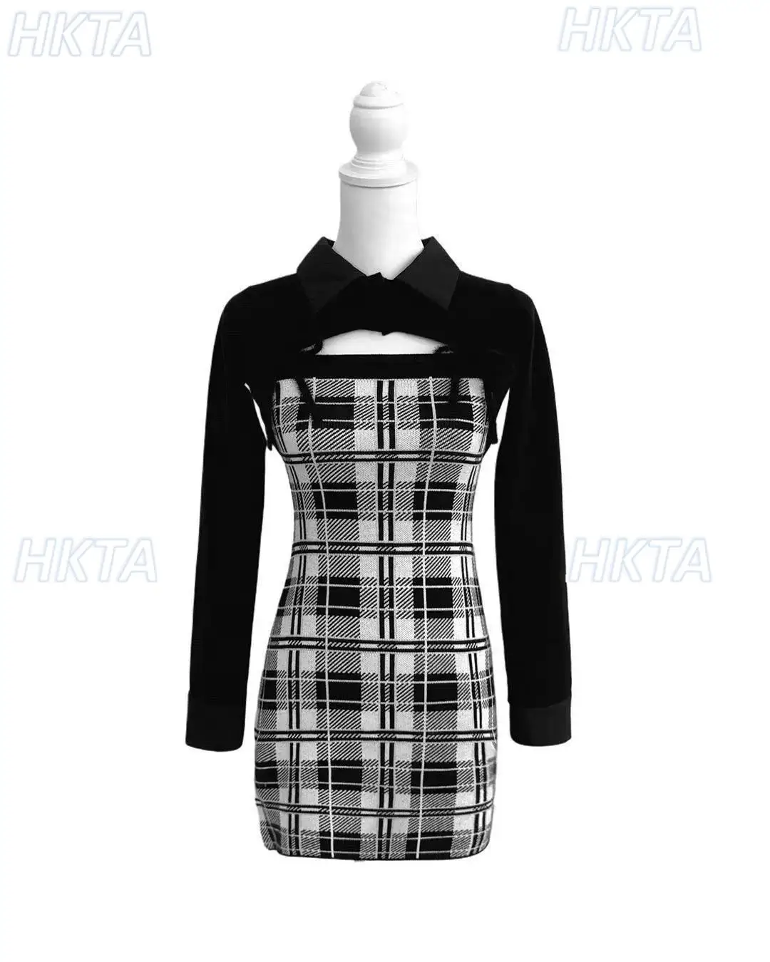 الخريف خمر قميص طوق المرقعة الجوف منقوشة سليم صالح Bodycon محبوك فستان اليابانية تمتد سليم فستان بكم طويل المرأة #5