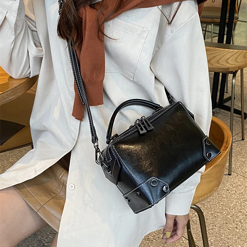 Burminsa Oil Wax Genuine Leather Boston Small Shoulder Crossbody Bags For Women 2024 Trend Designer Pillow Tote Ladies Handbags