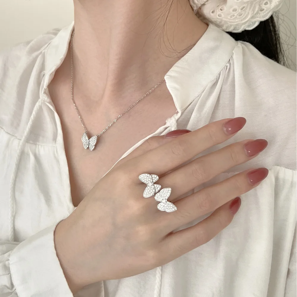 

New S925 Silver Jewelry Set for Women's Exquisite Butterfly Forest Sweet Earnail Necklace Ring Silver Jewelry