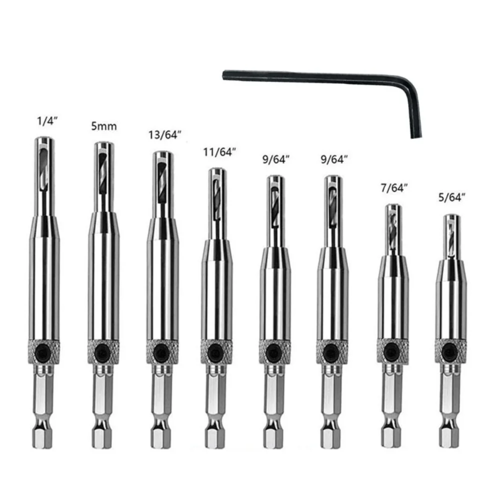 Zestaw 8 szt. wiertarskich HSS samocentrujących do zawiasów, do precyzyjnego wiercenia otworów prowadzących w drzwiach i szafkach, z rowkiem sześciokątnym i kluczem sześciokątnym.
